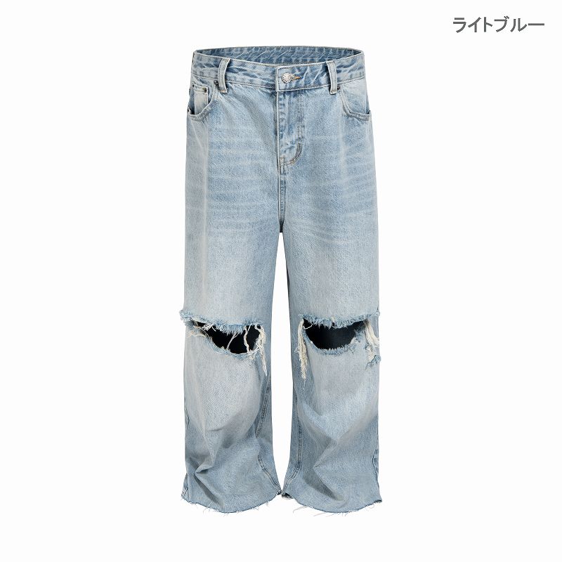 メンズ ダメージ加工 デニム パンツ 男女兼用 ストリート系 ストレート