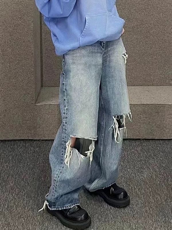 メンズ ダメージ加工 デニム パンツ 男女兼用 ストリート系 ストレート