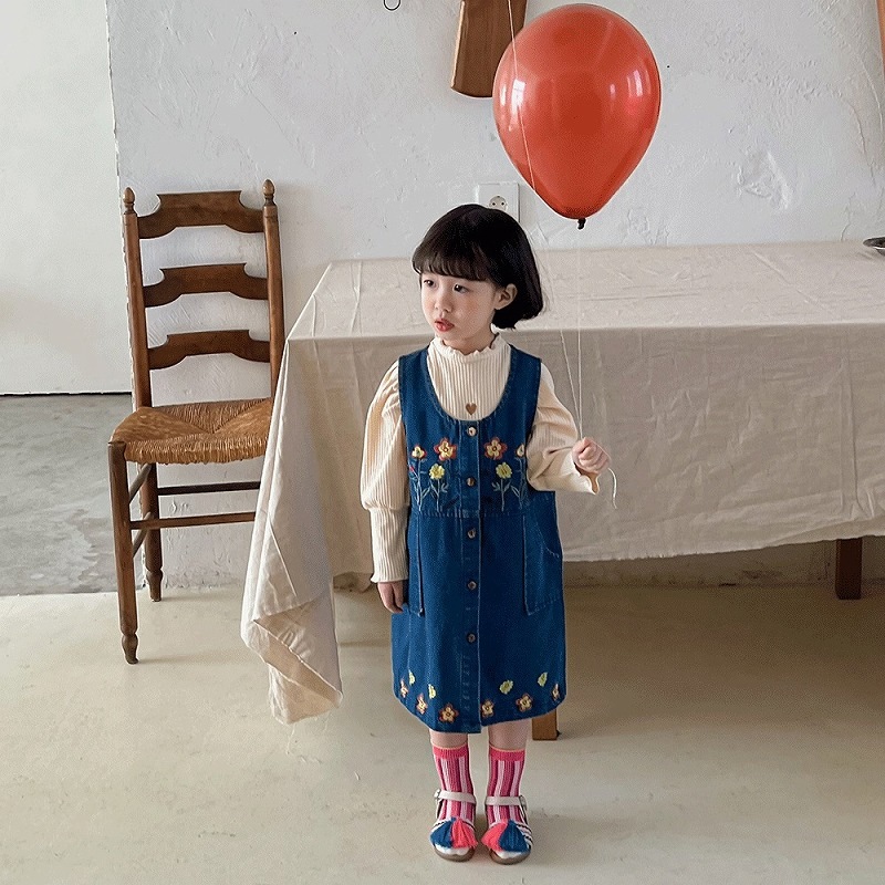 「80-140号」女の子 刺繍入り デニム サロペットワンピース ノースリーブ ジーンズ キッズ 子供服