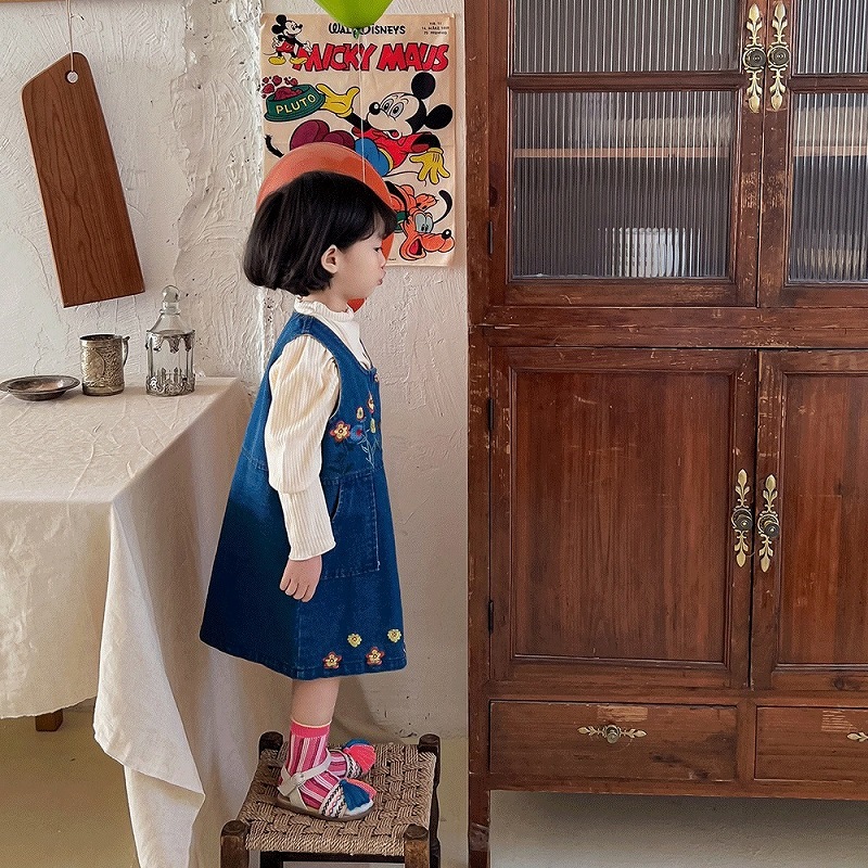 「80-140号」女の子 刺繍入り デニム サロペットワンピース ノースリーブ ジーンズ キッズ 子供服