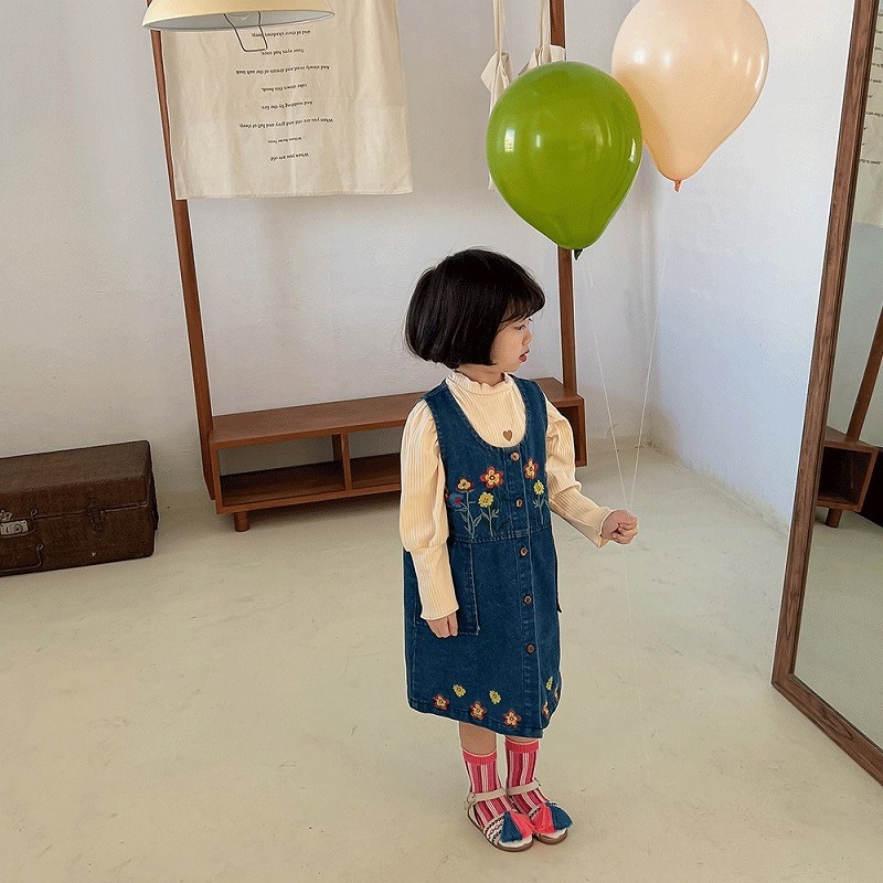 「80-140号」女の子 刺繍入り デニム サロペットワンピース ノースリーブ ジーンズ キッズ 子供服