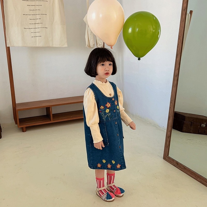 「80-140号」女の子 刺繍入り デニム サロペットワンピース ノースリーブ ジーンズ キッズ 子供服