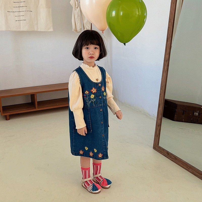 「80-140号」女の子 刺繍入り デニム サロペットワンピース ノースリーブ ジーンズ キッズ 子供服