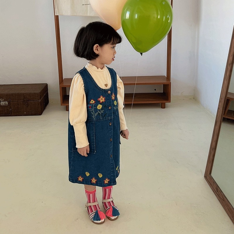 「80-140号」女の子 刺繍入り デニム サロペットワンピース ノースリーブ ジーンズ キッズ 子供服