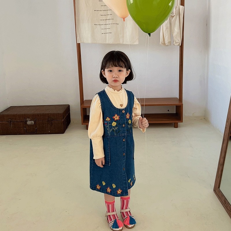 「80-140号」女の子 刺繍入り デニム サロペットワンピース ノースリーブ ジーンズ キッズ 子供服