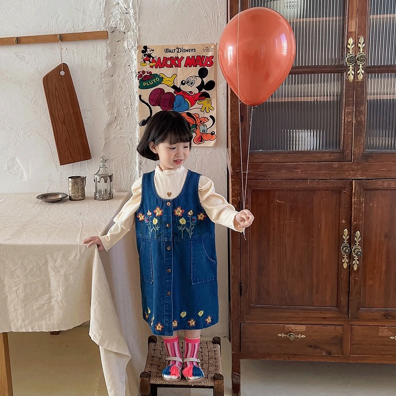 「80-140号」女の子 刺繍入り デニム サロペットワンピース ノースリーブ ジーンズ キッズ 子供服
