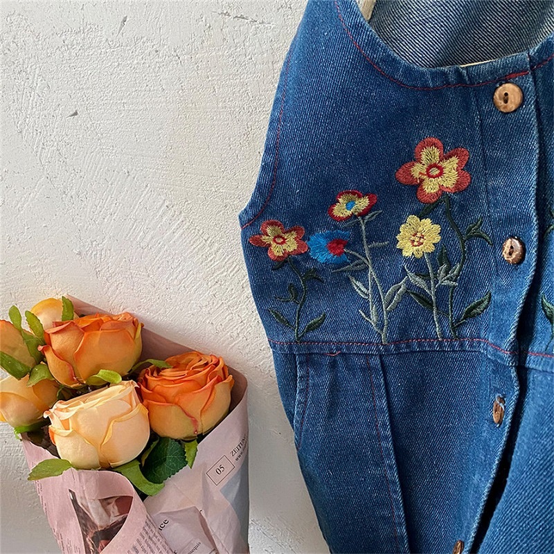 「80-140号」女の子 刺繍入り デニム サロペットワンピース ノースリーブ ジーンズ キッズ 子供服