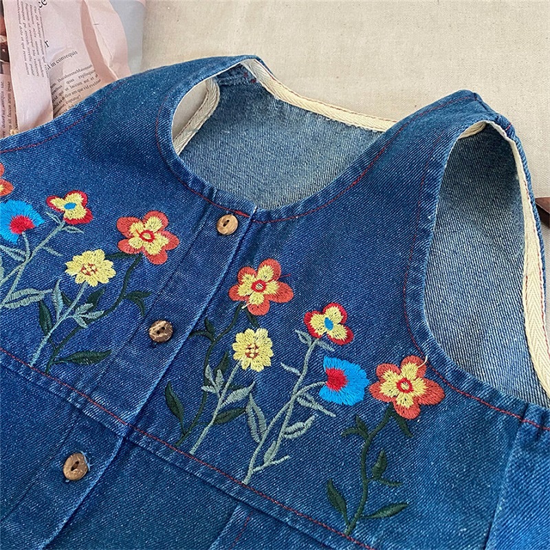 「80-140号」女の子 刺繍入り デニム サロペットワンピース ノースリーブ ジーンズ キッズ 子供服