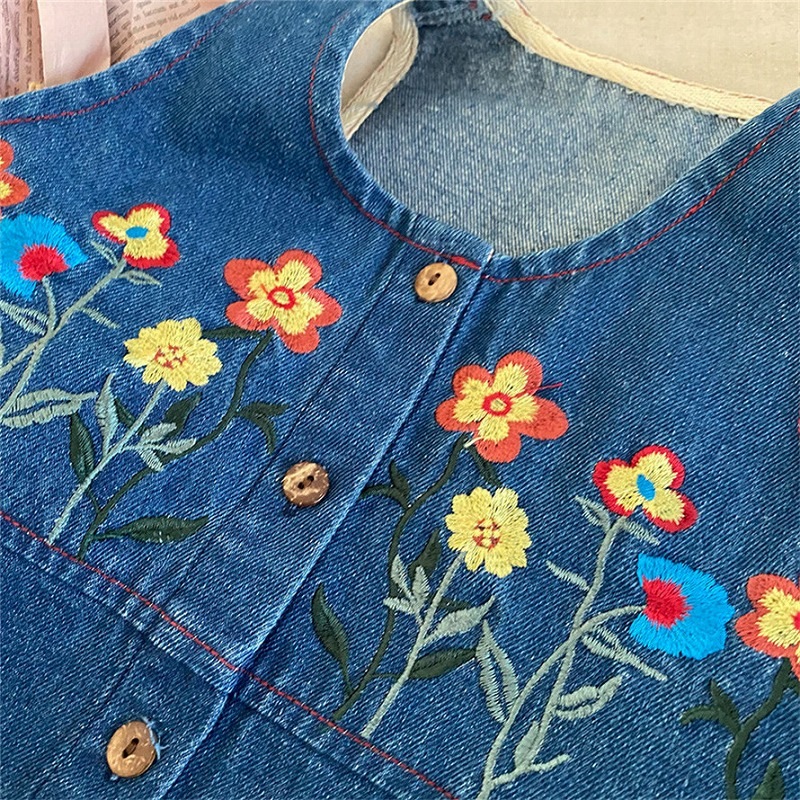 「80-140号」女の子 刺繍入り デニム サロペットワンピース ノースリーブ ジーンズ キッズ 子供服