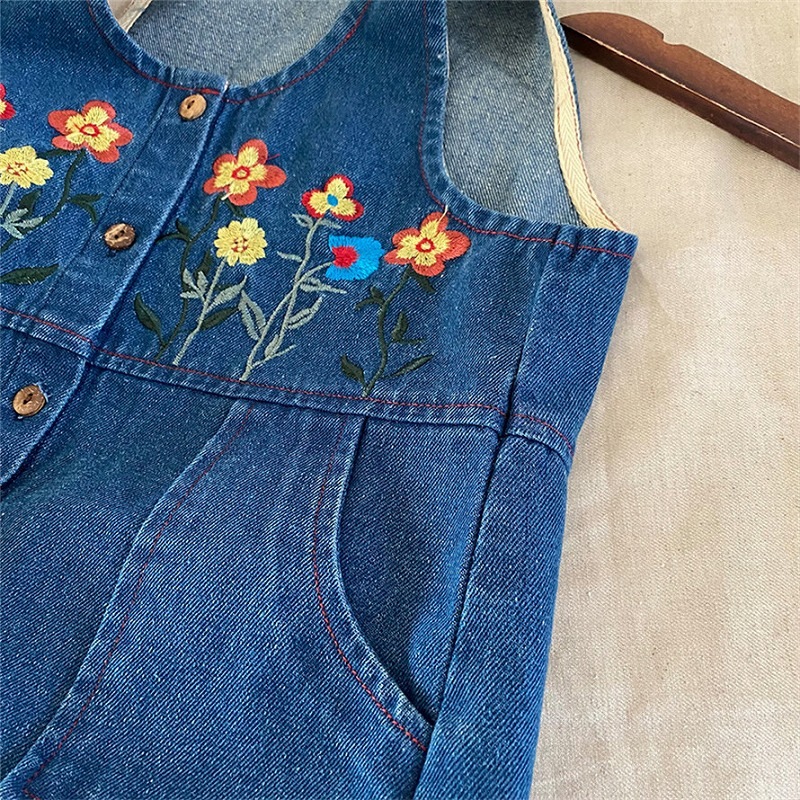 「80-140号」女の子 刺繍入り デニム サロペットワンピース ノースリーブ ジーンズ キッズ 子供服