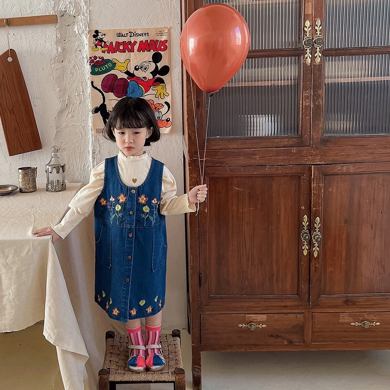 「80-140号」女の子 刺繍入り デニム サロペットワンピース ノースリーブ ジーンズ キッズ 子供服