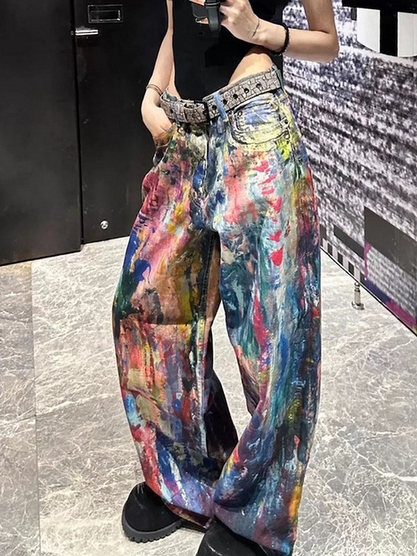 メンズ ビンテージ風 3Dプリント デニム パンツ 男女兼用 ストリート系