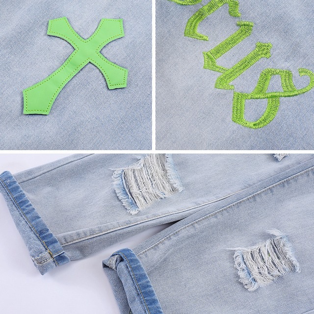 メンズファッション 刺繍入り ダメージ加工 デニムパンツ 男女兼用