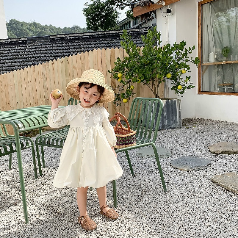 「80-120号」女の子２点セット！ 長袖ワンピース+レース襟 ラウンドネック ドレス キッズ 子供服