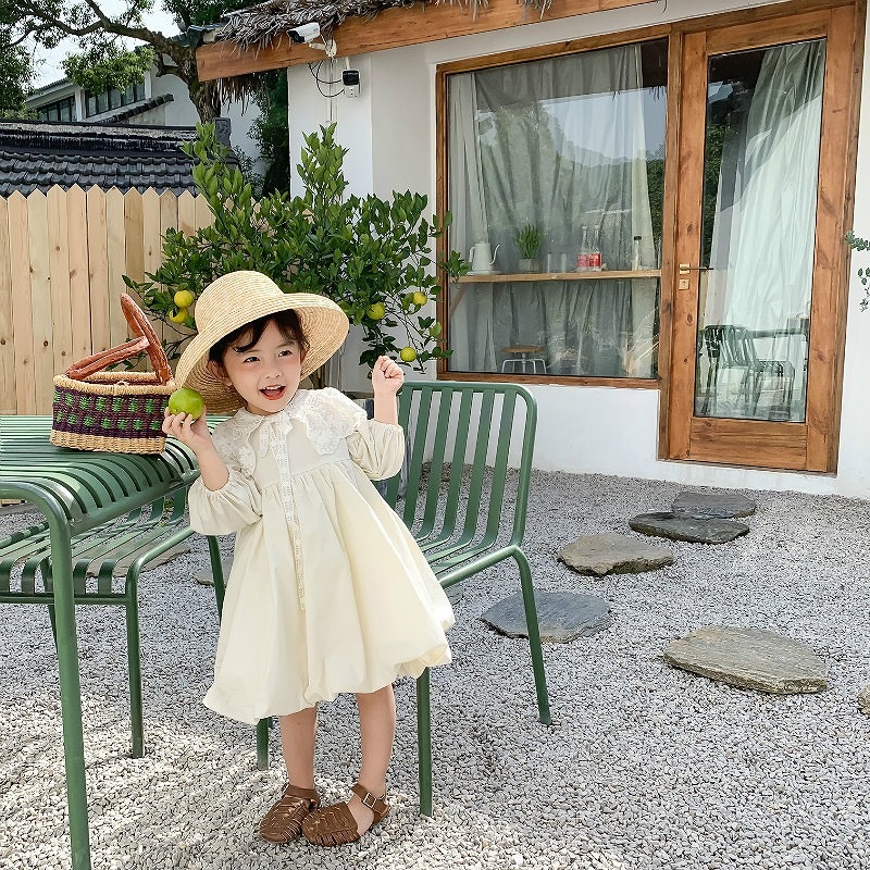 「80-120号」女の子２点セット！ 長袖ワンピース+レース襟 ラウンドネック ドレス キッズ 子供服