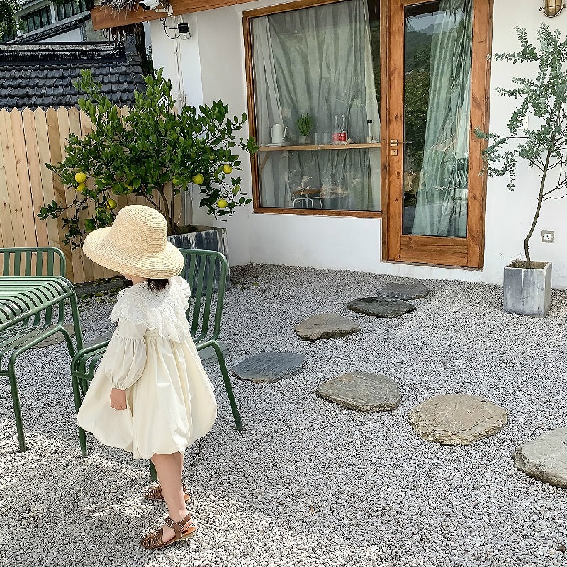 「80-120号」女の子２点セット！ 長袖ワンピース+レース襟 ラウンドネック ドレス キッズ 子供服