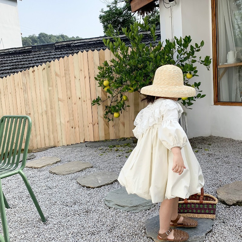 「80-120号」女の子２点セット！ 長袖ワンピース+レース襟 ラウンドネック ドレス キッズ 子供服