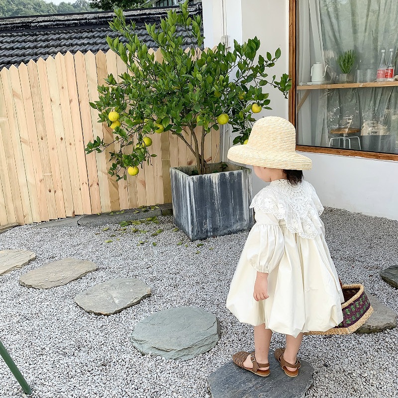 「80-120号」女の子２点セット！ 長袖ワンピース+レース襟 ラウンドネック ドレス キッズ 子供服