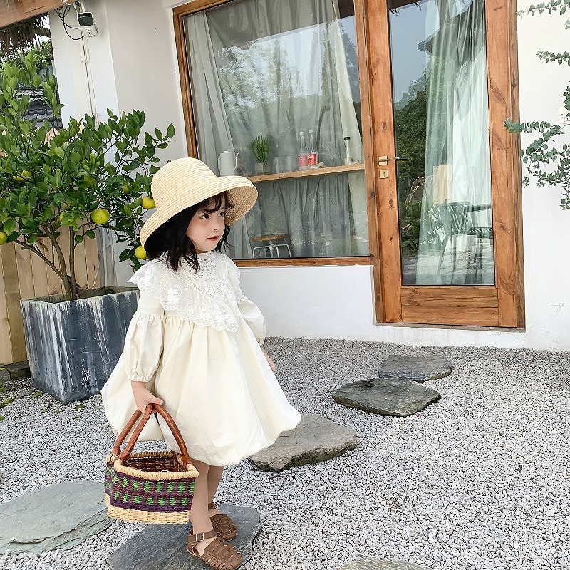 「80-120号」女の子２点セット！ 長袖ワンピース+レース襟 ラウンドネック ドレス キッズ 子供服