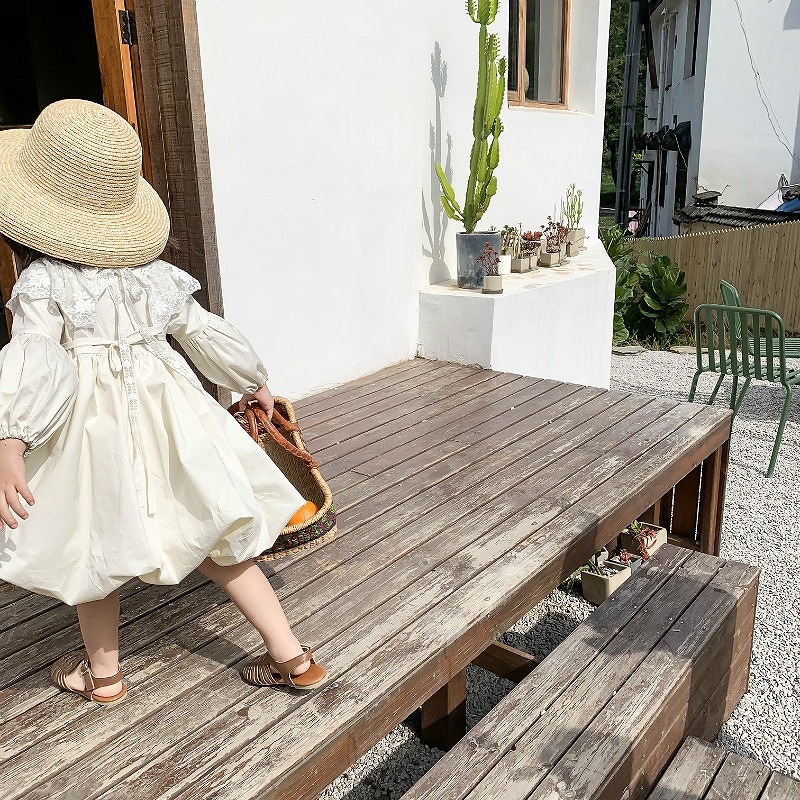 「80-120号」女の子２点セット！ 長袖ワンピース+レース襟 ラウンドネック ドレス キッズ 子供服