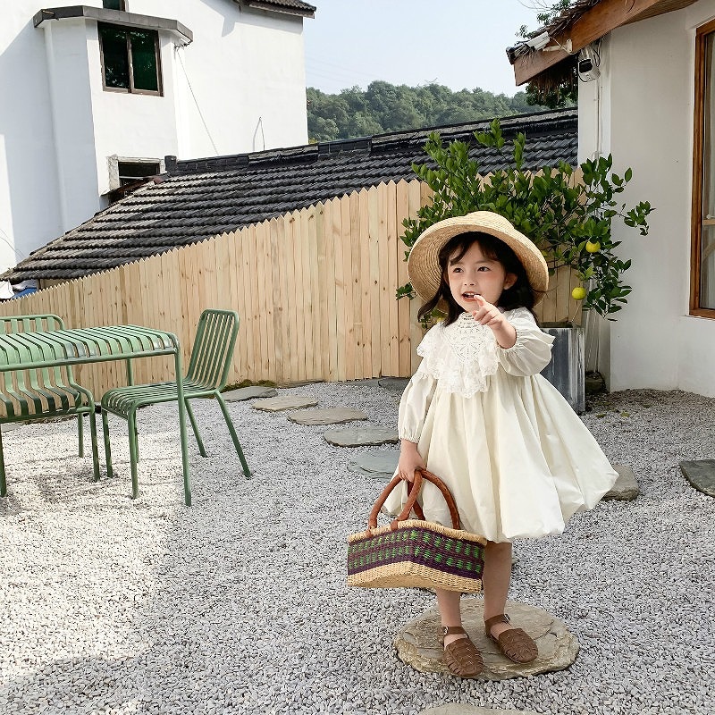 「80-120号」女の子２点セット！ 長袖ワンピース+レース襟 ラウンドネック ドレス キッズ 子供服