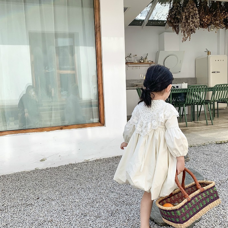 「80-120号」女の子２点セット！ 長袖ワンピース+レース襟 ラウンドネック ドレス キッズ 子供服