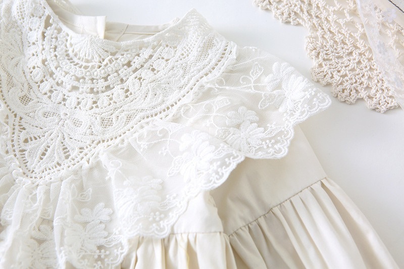 「80-120号」女の子２点セット！ 長袖ワンピース+レース襟 ラウンドネック ドレス キッズ 子供服