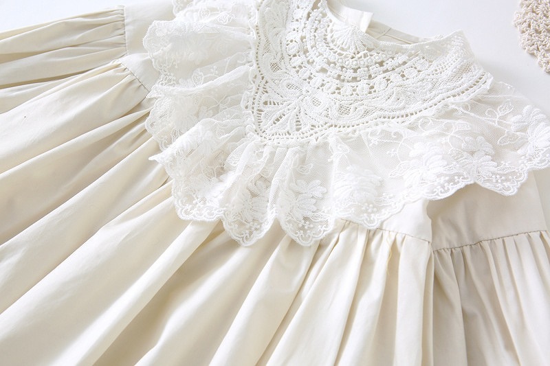 「80-120号」女の子２点セット！ 長袖ワンピース+レース襟 ラウンドネック ドレス キッズ 子供服