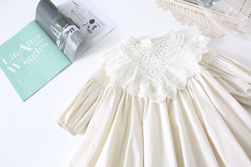 「80-120号」女の子２点セット！ 長袖ワンピース+レース襟 ラウンドネック ドレス キッズ 子供服