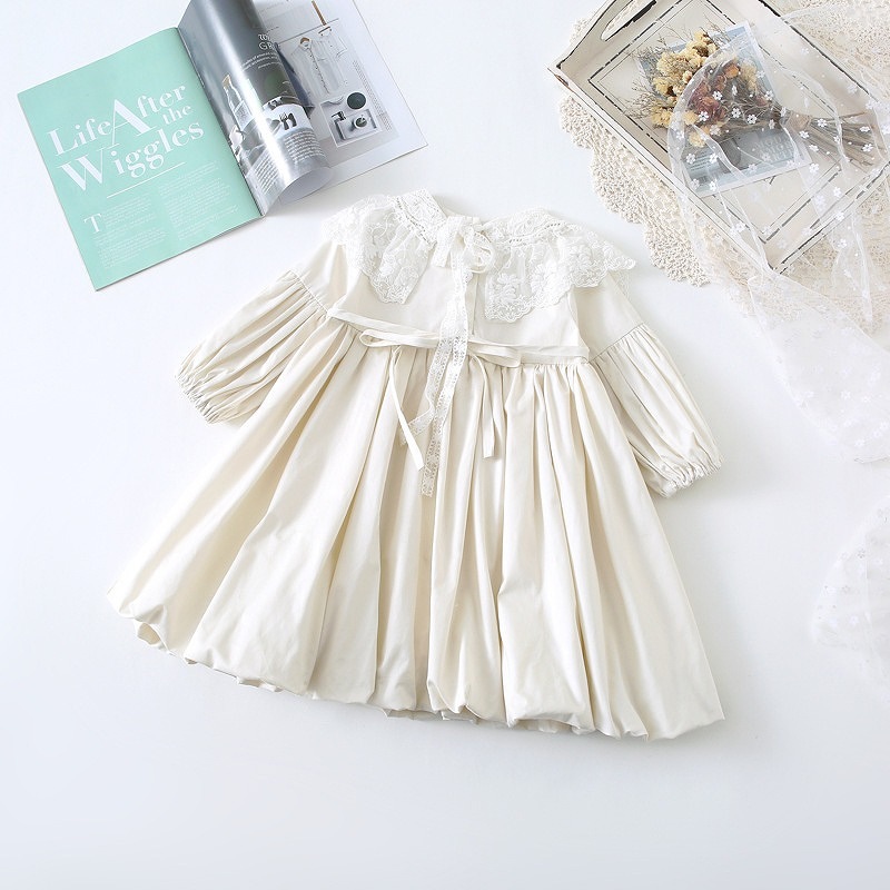 「80-120号」女の子２点セット！ 長袖ワンピース+レース襟 ラウンドネック ドレス キッズ 子供服