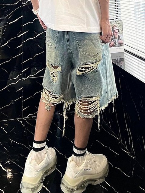 ダメージデニム ショートパンツ メンズ カジュアル ストリート メンズ ダメージ加工 デニム ショートパンツ 男女兼用