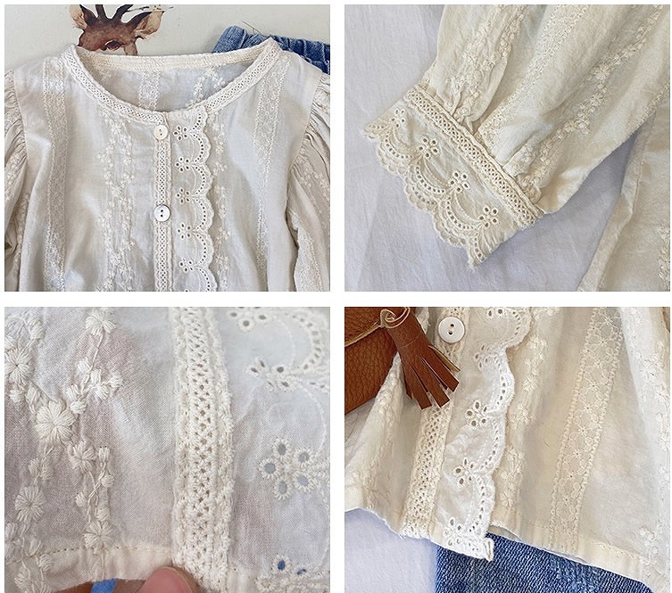 「90-130号」女の子 刺繍入り長袖 シャツ レース ラウンドネック トップス キッズ 子供服