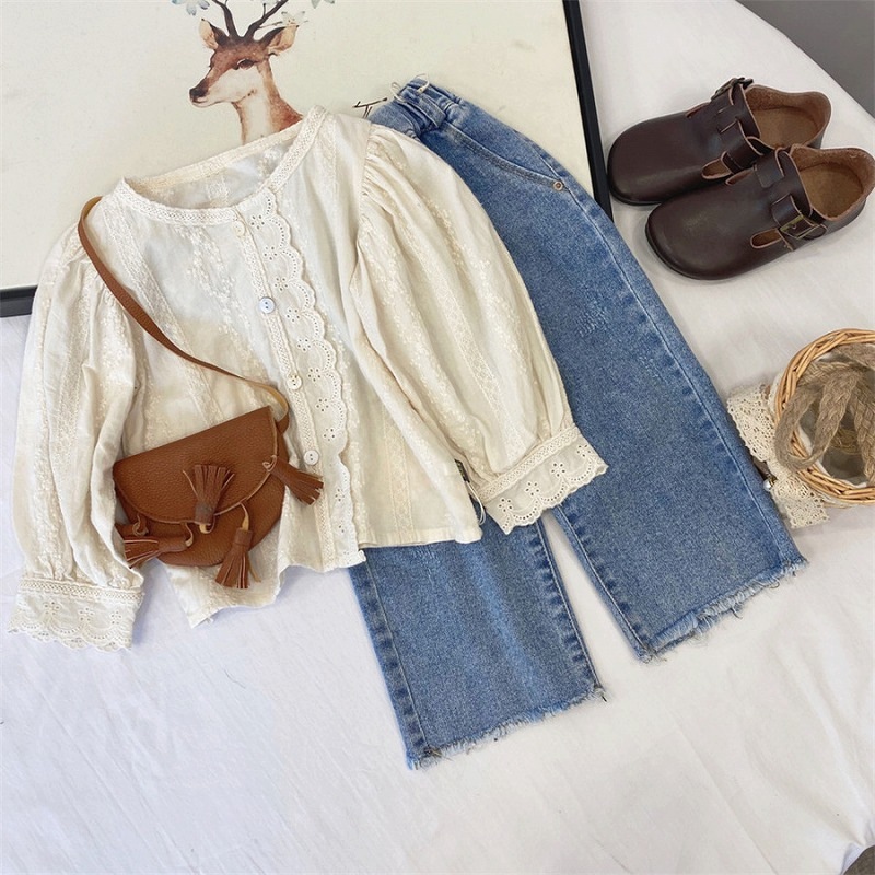 「90-130号」女の子 刺繍入り長袖 シャツ レース ラウンドネック トップス キッズ 子供服