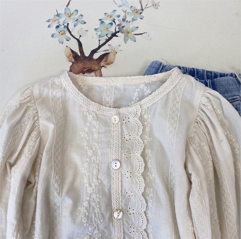 「90-130号」女の子 刺繍入り長袖 シャツ レース ラウンドネック トップス キッズ 子供服