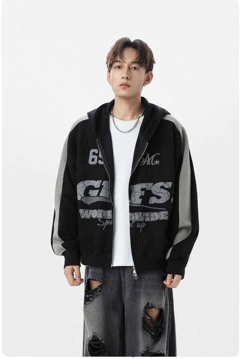 メンズ アメリカン調 スエード ジップアップパーカー ユニセックス 配色切り替えカジュアルフーディ★全2色