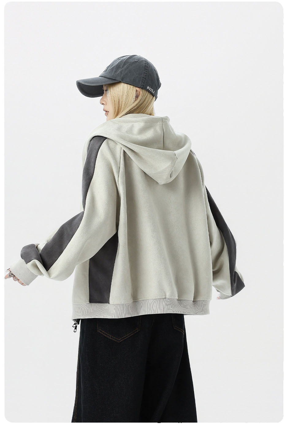 メンズ アメリカン調 スエード ジップアップパーカー ユニセックス 配色切り替えカジュアルフーディ★全2色