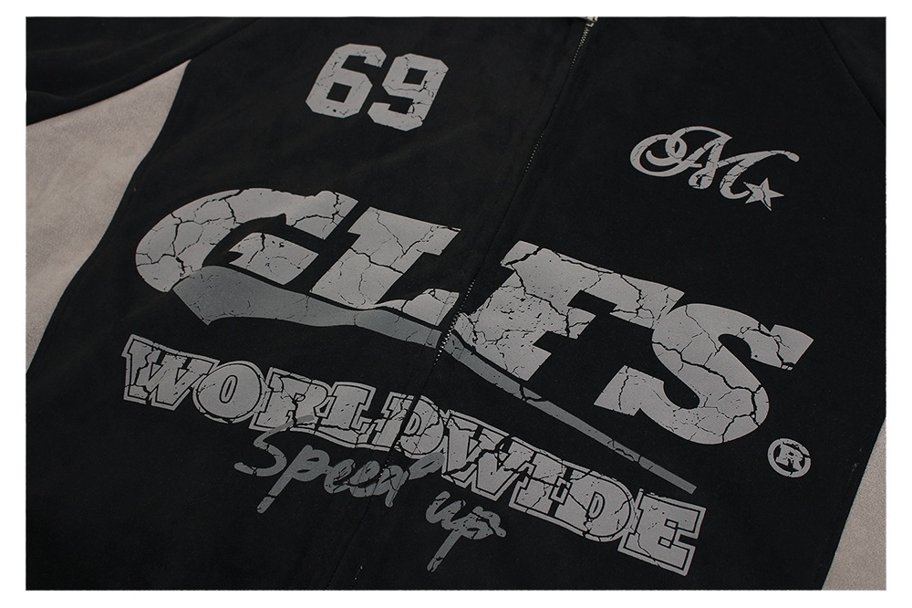 メンズ アメリカン調 スエード ジップアップパーカー ユニセックス 配色切り替えカジュアルフーディ★全2色