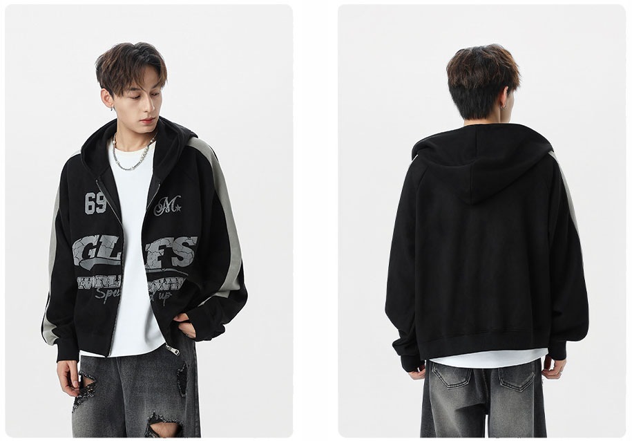 メンズ アメリカン調 スエード ジップアップパーカー ユニセックス 配色切り替えカジュアルフーディ★全2色