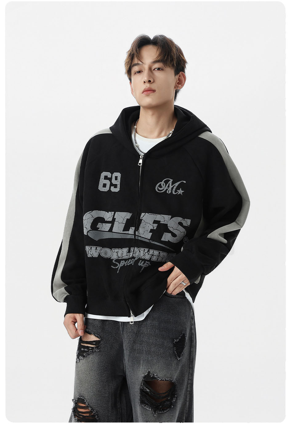 メンズ アメリカン調 スエード ジップアップパーカー ユニセックス 配色切り替えカジュアルフーディ★全2色