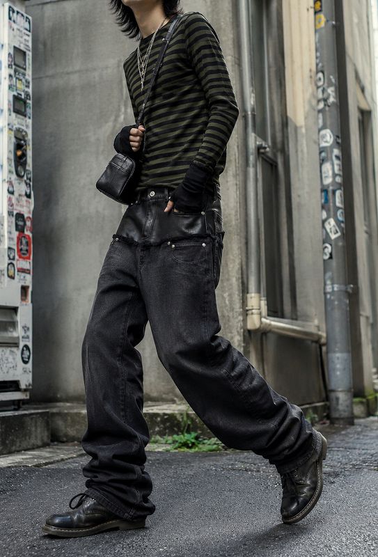 PUレザー切替 デニム パンツ 男女兼用 ストリート系 ワックス加工 ボトムス 春秋 2026新作★