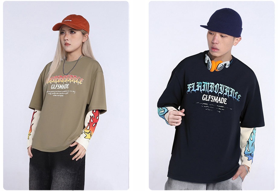 メンズ フレイム柄 レイヤード風 長袖Tシャツ カレッジスタイルスウェット ヒップホップ ストリート★全3色