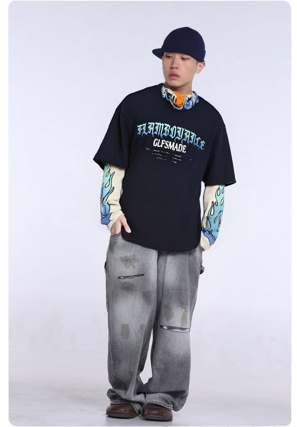 メンズ フレイム柄 レイヤード風 長袖Tシャツ カレッジスタイルスウェット ヒップホップ ストリート★全3色