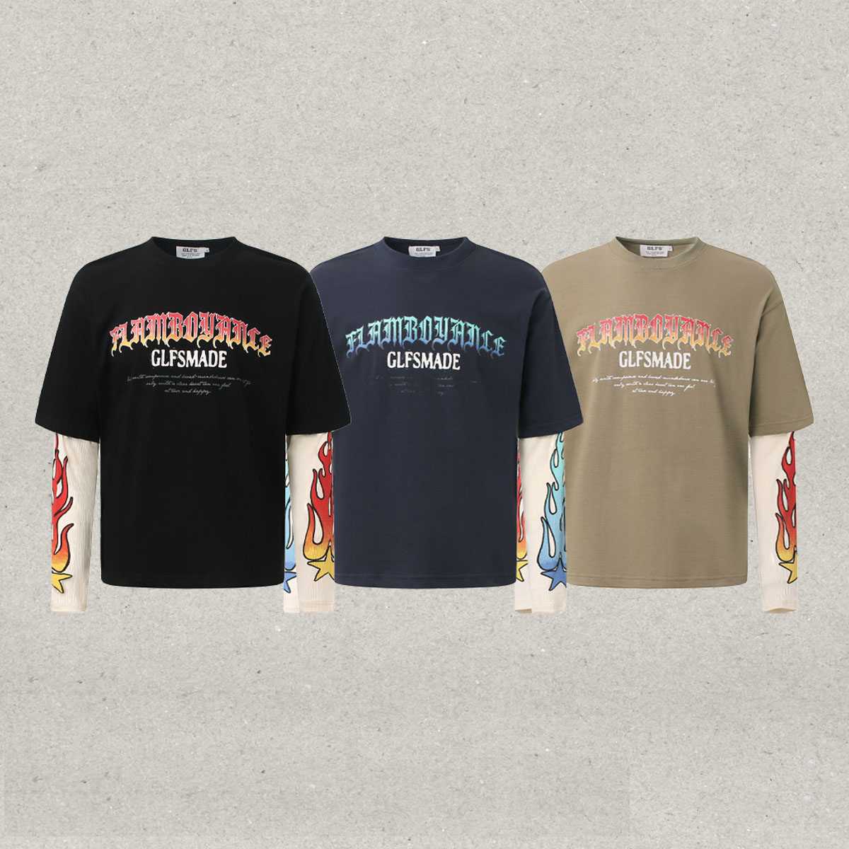 メンズ フレイム柄 レイヤード風 長袖Tシャツ カレッジスタイルスウェット ヒップホップ ストリート★全3色