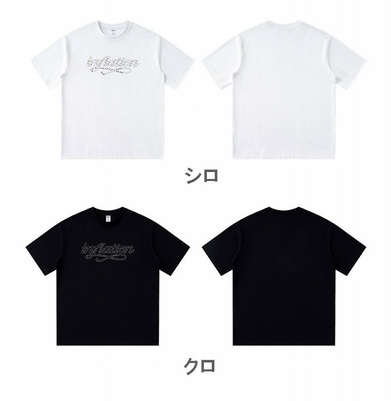 ロゴ入りストーン装飾ホワイトTシャツ メンズ ラインストーン 装飾 半袖 Tシャツ 男女兼用 ストリート系