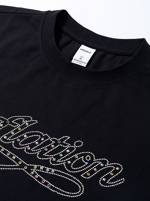 ロゴ入りストーン装飾ホワイトTシャツ メンズ ラインストーン 装飾 半袖 Tシャツ 男女兼用 ストリート系