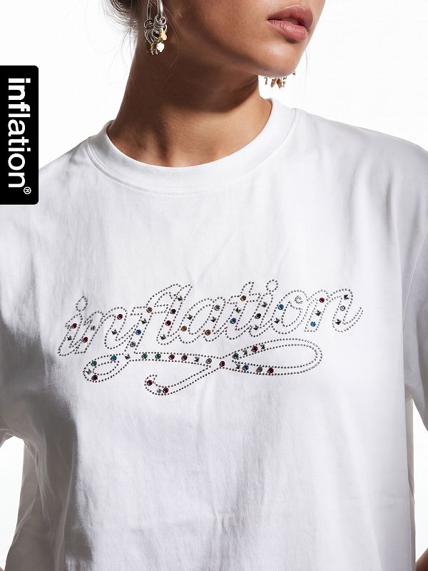 ロゴ入りストーン装飾ホワイトTシャツ メンズ ラインストーン 装飾 半袖 Tシャツ 男女兼用 ストリート系