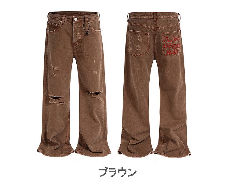 メンズ 刺繍入り ダメージ加工 デニム パンツ 男女兼用 ストリート系 