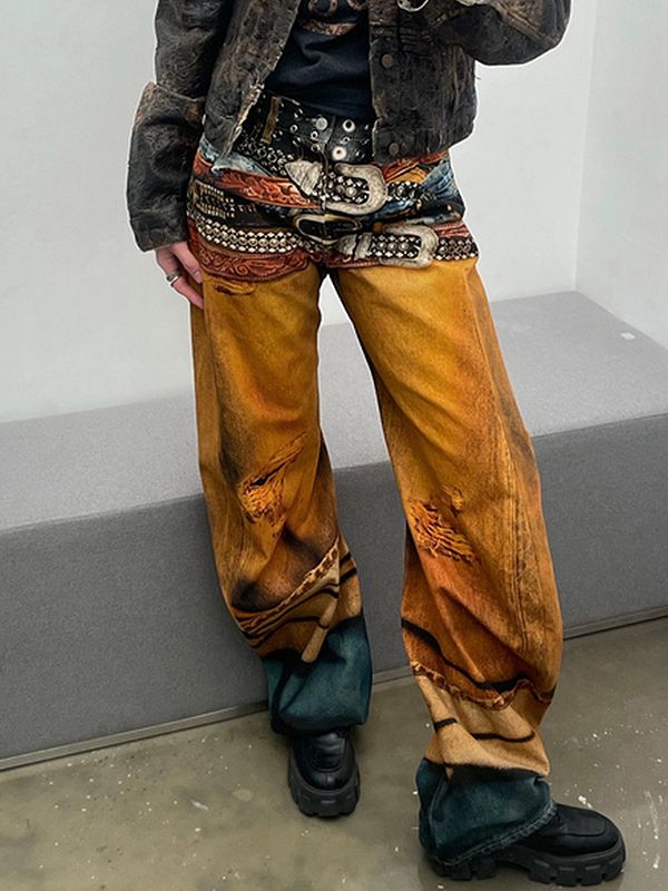 メンズ ビンテージ風 3Dプリント デニム パンツ 男女兼用 ストリート系