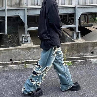 ストリート ダメージ デニム ゆったりサイズ 破れ加工 メンズファッション ダメージ加工 デニムパンツ 男女兼用