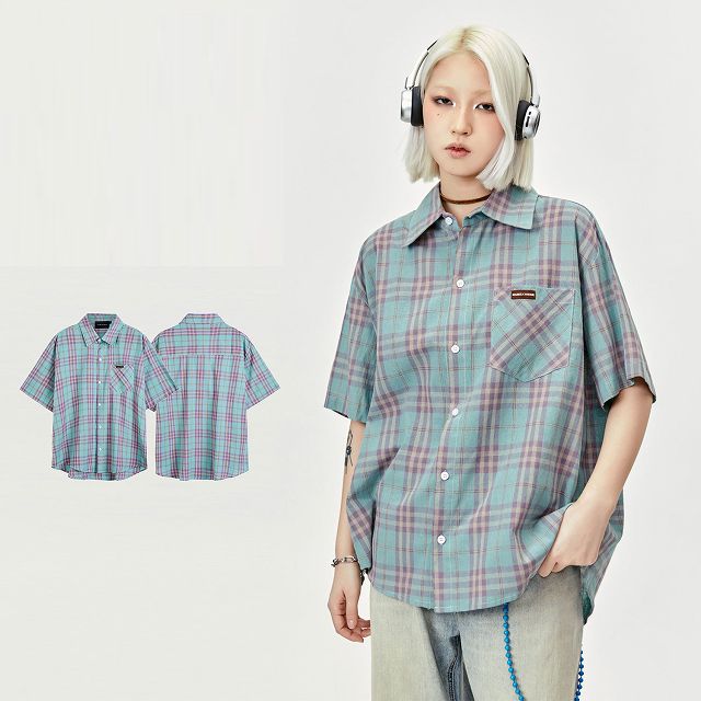 PEOPLESTYLE チェック柄 ルーズ 半袖 ット シャツ 男女兼用 メンズファッション チェック柄 半袖シャツ 男女兼用 ストリート